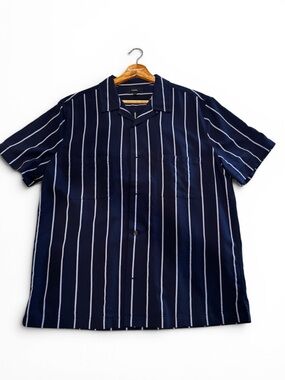 VINCE Navy and White Vertical Stripe Short Sleeve Shirt